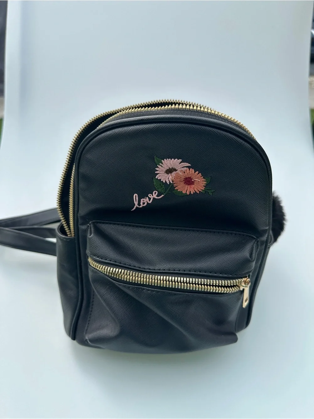 Women’s Black Mini Backpack Floral Love Embroidery Gold Tone Zippers